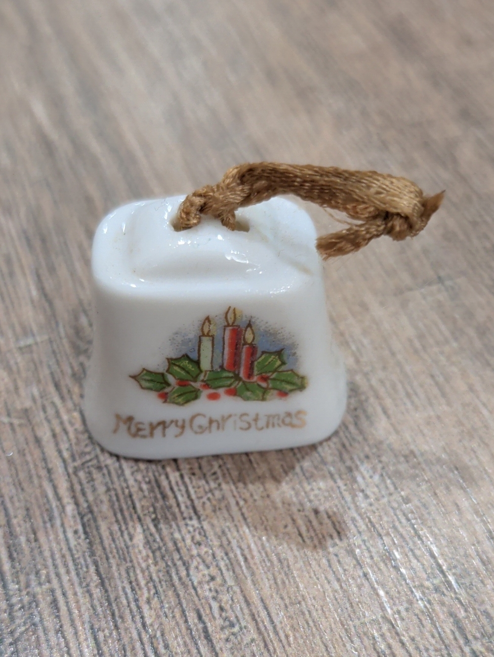 Mini Merry Christmas Ceramic Bell Ornament - White with Red & Green Candles
